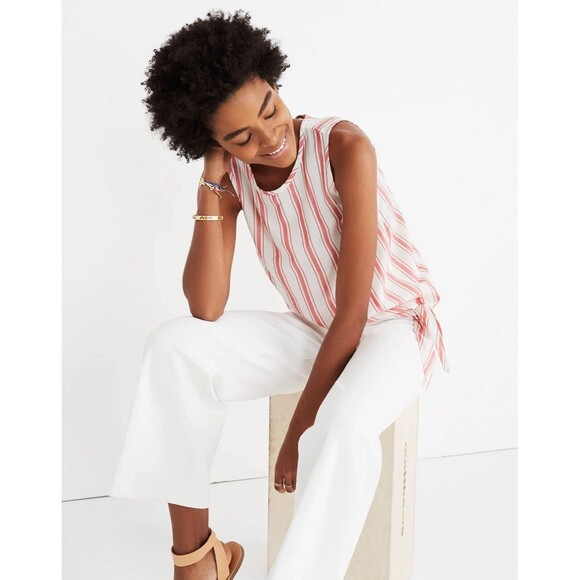 Madewell Side-Tie Tank Marcia Stripe J1128 Size Large 100% Cotton Beachy Light - Picture 3 of 8